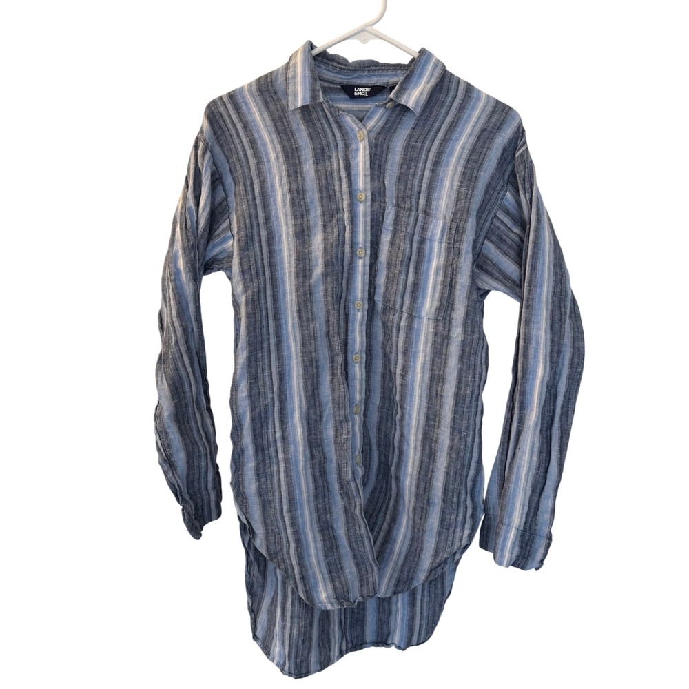 Women's Lands' End Linen‎ Button Up Shirt Blue Gray, Size XS.